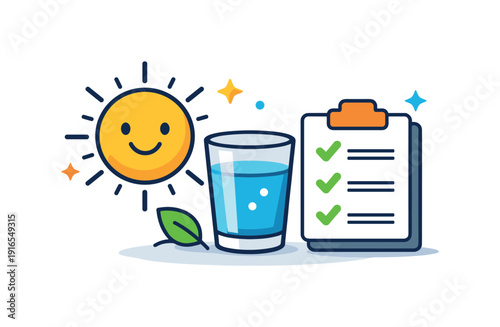 Healthy morning routine and energizing start to the day, a sun icon paired with a glass of water and a simple checklist symbolizing readiness and self