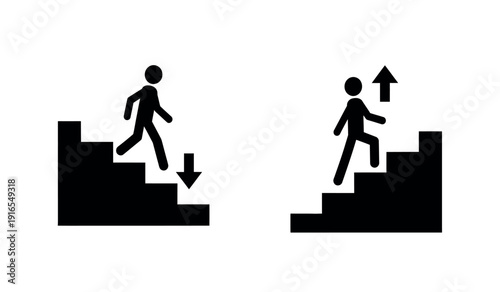 Black silhouette of people walking up and down stairs with arrows indicating direction of movement
