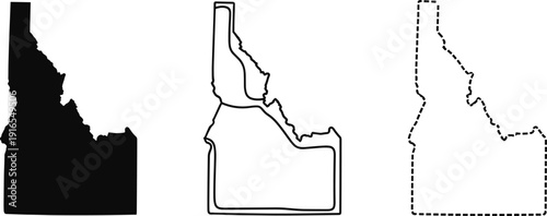 Idaho state map set, solid silhouette, outline and dashed border versions, USA geographic shape collection for infographic, travel design, vector illustration