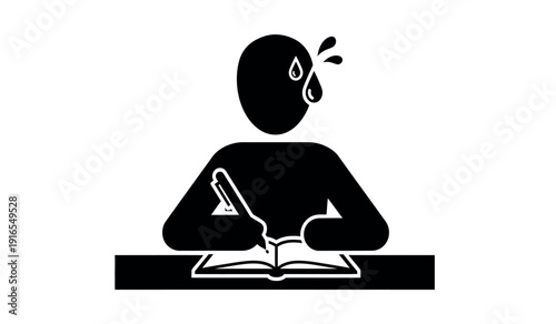 A person sitting at a desk with a book and pencil looking stressed or frustrated