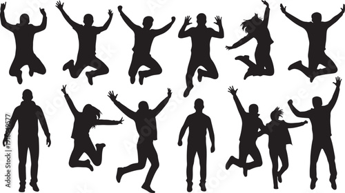 Silhouettes of people jumping and celebrating with joy and freedom