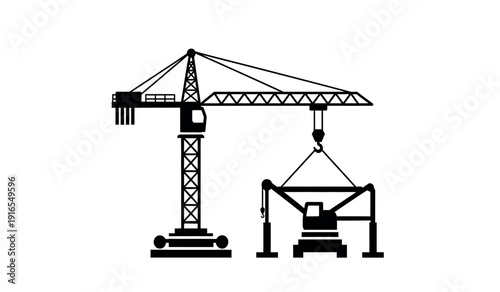 Black silhouette of a construction crane lifting a concrete mixer