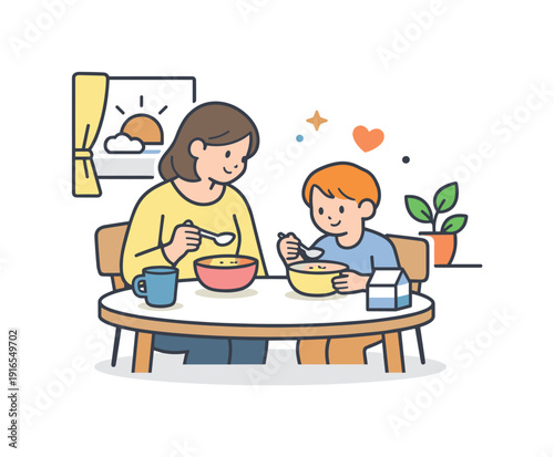 Peaceful family morning at home focused on shared calm and gentle routine before the day begins, an adult and child sitting together at a small