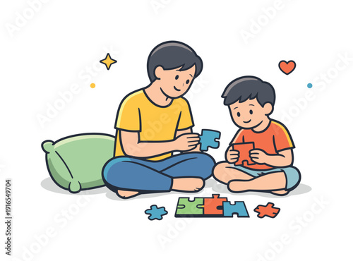 Calm family afternoon at home focused on unhurried time and emotional closeness in a familiar space, a parent and child sitting on the floor