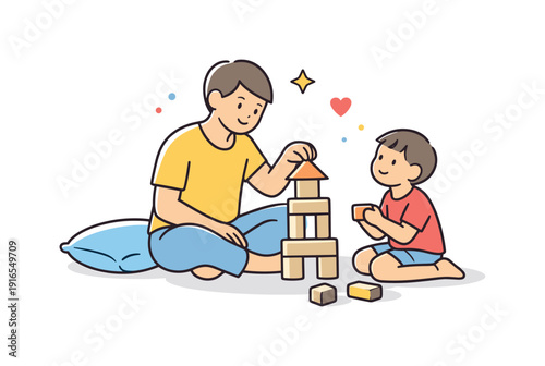 Quiet family afternoon at home centered on shared presence and simple everyday closeness, a parent and child sitting on the floor building a simple