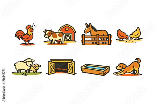 Farm animals and barnyard icons featuring rooster, cow, horse, chickens, sheep, dog, barn