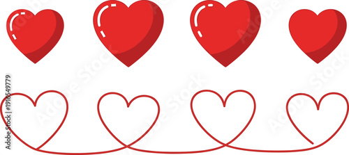 Red heart icons set, love symbol collection, romantic valentine design elements, glossy and outline hearts, vector illustration