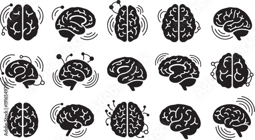 Collection of black and white brain illustrations and symbols