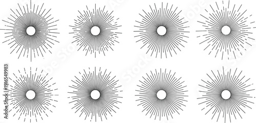 Sunburst rays collection set, vintage radial line burst backgrounds, retro starburst sunshine elements for logo, badge, poster and branding design, vector illustration