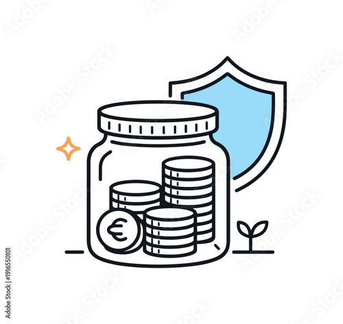 Mindful long-term financial stability and disciplined saving in everyday personal money management focused on security, a closed jar with neatly