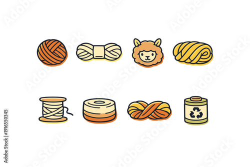 Colorful yarn and wool icons set with knitting and crochet symbols
