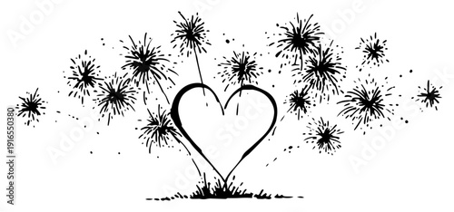 Black and white sketch of heart shape surrounded by exploding fireworks