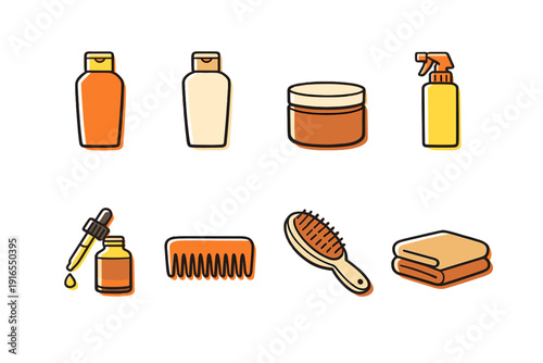 Colorful hair care product icons including shampoo comb and towel