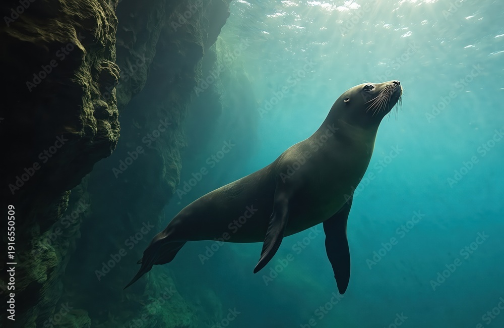 Obraz premium Sea lion swims underwater near rocky cliff. Sunlight rays pierce blue ocean water. Marine mammal glides gracefully through clear sea. Wildlife in natural habitat.