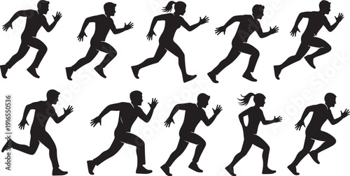 Silhouettes of people running in various dynamic poses together