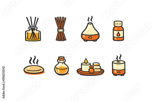 Aromatherapy collection: oil diffuser, reed, candle, incense sticks, essential bottles