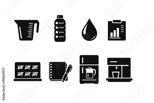 Kitchen and office icons set: measuring cup, water bottle, graph, laptop, notebook, fridge, coffee machine