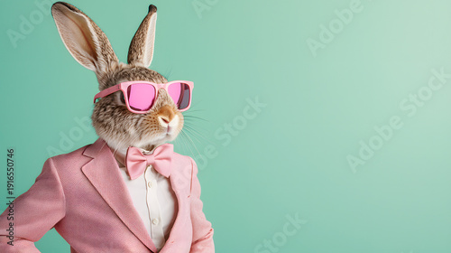 An Easter bunny character in a pink suit and sunglasses against a light green background with space for text is a vibrant advertising image, a minimalist studio scene