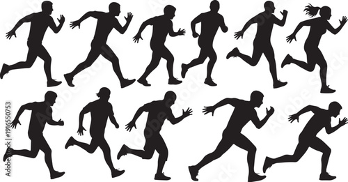 Silhouettes of people running in various dynamic poses together