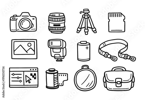 Hand-drawn photography and camera equipment icons set. Doodle style symbols for photo editing and creation.