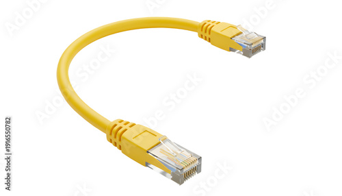 A yellow Ethernet cable with connectors on a white background