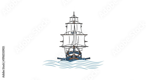 Historic Naval Ship Vector Illustration with Subtle Waves, Minimal Flat Design, Centered Composition