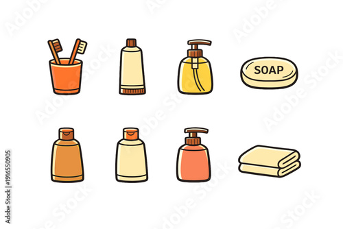 Collection of cartoon hygiene items including soap, toothbrushes, and lotion bottles
