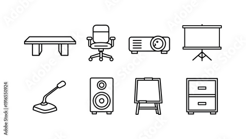 Professional office meeting furniture: conference table, meeting chair, projector, projection screen, table microphone, speaker unit, whiteboard stand