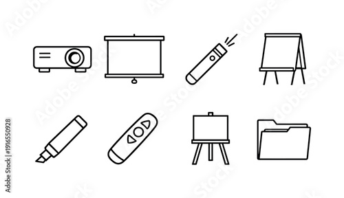 Office presentation tools: projector, projection screen, laser pointer, flip chart, marker pen, presentation remote, easel stand, document folder