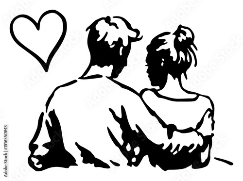 Back view sketch of couple hugging with heart