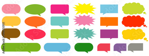 A simple design set of colorful message comment chat boxes. A collection of comic and social media speech bubbles, text boxes, and chat boxes. A vector set of comic and social media speech bubbles.