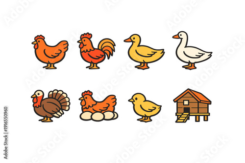 Colorful farm animals icons: chickens, ducks, geese, and turkey with coop