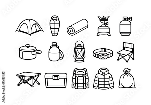 Outdoor mountain camping gear: dome tent, sleeping bag, sleeping pad, camp stove, fuel canister, cooking pot, water canteen, lantern, headlamp