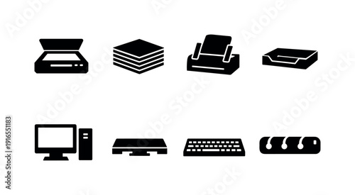 Office document digitization setup: document scanner, paper stack, feed tray, output tray, desktop computer, monitor stand, keyboard, cable organizer