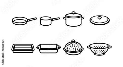 Home kitchen cookware essentials: frying pan, saucepan, stockpot, lid, baking tray, roasting dish, steamer basket, colander