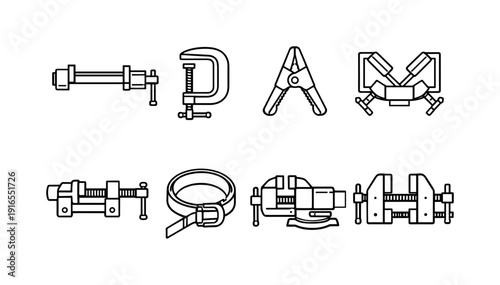 Home woodworking clamps: bar clamp, C clamp, spring clamp, corner clamp, pipe clamp, strap clamp, bench vise, hand screw clamp