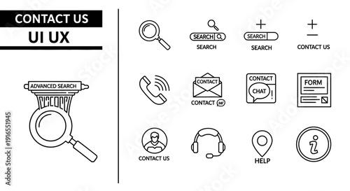 Contact us ui ux set of icons search contact help support information advanced search form phone chat