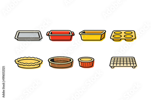 Colorful icons of baking pans and trays including cake tin and muffin pan