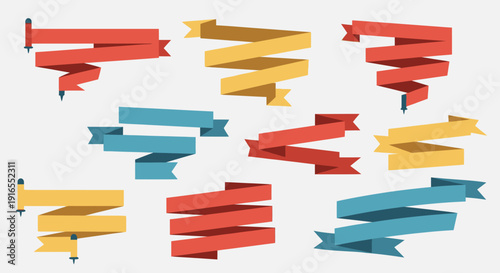 Set of colorful ribbons and banners in red, yellow, and blue.