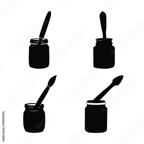 Silhouettes of art brushes and tools in jars for various painting and drawing activities