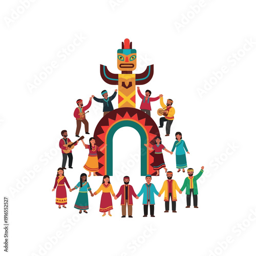 People gather around a colorful totem pole and archway in a cultural celebration with music and dance.