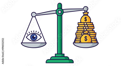 Balance scale with an eye on one side and stacked coins on the other, representing the cost of surveillance or privacy.