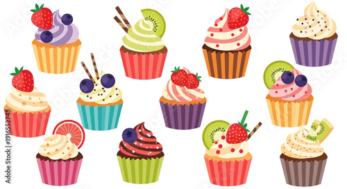 Colorful Assortment of Delicious Cupcakes with Fresh Fruits and Creamy Frosting.