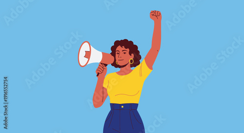 Woman shouting through megaphone with raised fist in protest or activism.