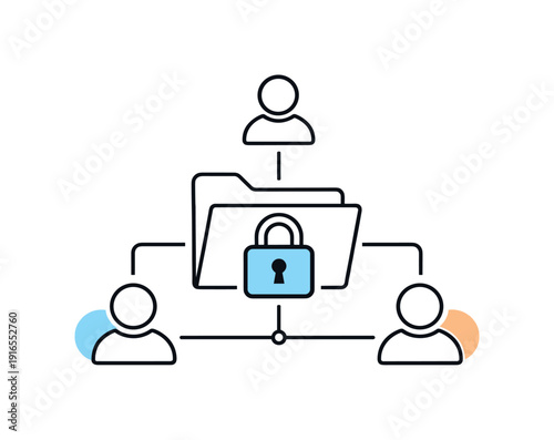 Secure collaboration and controlled access in a modern digital workflow highlighting trust and organization, a shared folder connected to user icons