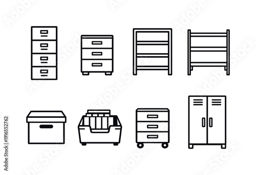 Professional office storage furniture: filing cabinet, drawer unit, bookshelf, storage shelf, archive box, document crate, mobile pedestal, coat