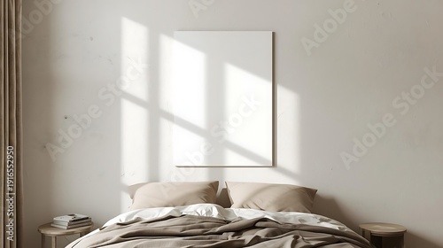 Cozy bedroom interior with empty frame on wall and natural light