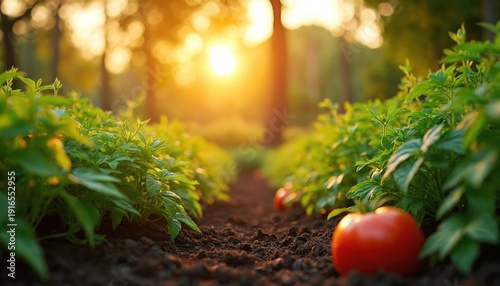 Rows of green plants grow in dark soil under warm sunset light. A ripe red tomato rests near the plants, hinting at harvest time in a garden or farm setting.