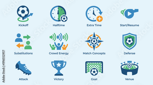 Football and soccer tournament icon set icons with kickoff, halftime, extra time, substitutions, crowd energy, and goal symbols isolated on light blue background.