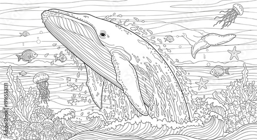 Whale breaching the ocean surface with marine life and coral reef